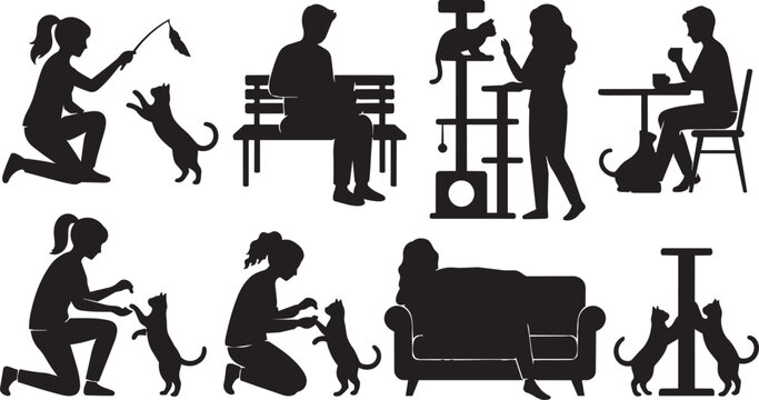 Black silhouette icons, cat and dog owners, pet care, household scenes, 8 vector graphics