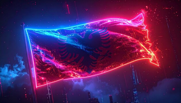 Albania National Flag with Electric Neon Glow and Cyber Energy Effects