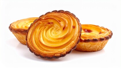 Fototapeta premium Golden custard tarts with swirled tops on white background