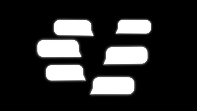Animation of several abstract white chat bubble icons floating on a black background. Ideal for messaging apps, communication themes, or digital interfaces.