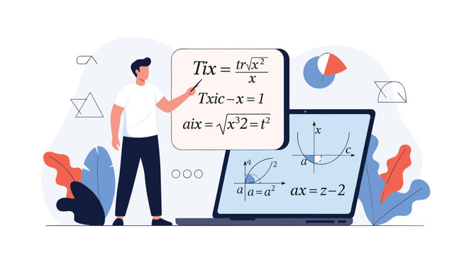 Instructor explaining complex mathematical formulas and graphs displayed on a large laptop screen in a virtual classroom.
