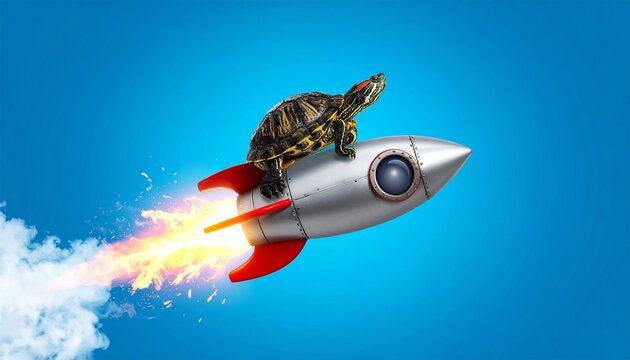 Turtle riding rocket humorously symbolizing speed and acceleration