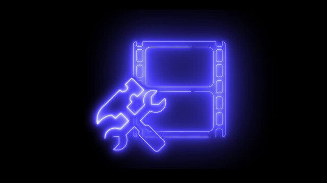 Neon light effect animation of a film strip icon with a wrench and screwdriver. Ideal for technical support, multimedia editing, or creative workflow concepts.