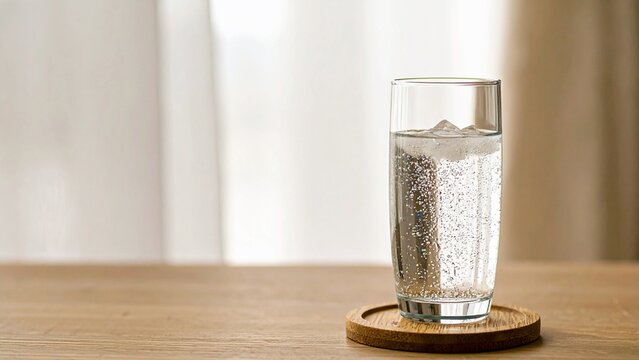 Sparkling water with ice and bubbles in tall glass on wooden coaster, bright natural light

 木製コースターに置かれた氷入りの炭酸水、泡立つタンブラーグラスと明るい自然光