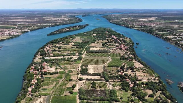 Sao Francisco River In Juazeiro In Bahia Brazil. Biggest Northeast River. Massangano And Rodeadouro Islands. Nature Forest Trees. Sao Francisco River In Juazeiro Bahia. Riverside Agriculture Fields.