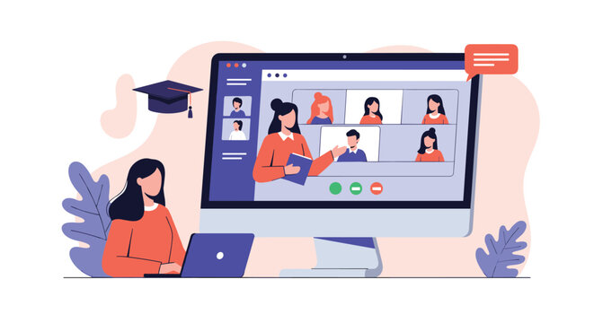 Female student attending a remote online education class on a large computer monitor with several other virtual participants.