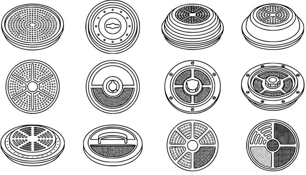 Various Military Landmines and Explosive Devices Black and White Line Art Vector Set for War and Security Concepts