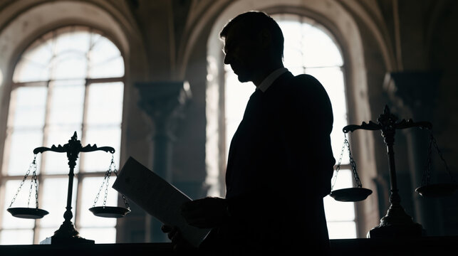 Silhouette of man holding document court with justice scales and arched windows creating serious atmosphere of justice and law