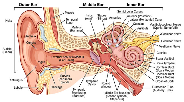 Detailed anatomy of the human ear outer middle and inner ear structures