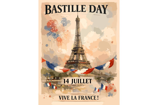 A vintage-style poster celebrating Bastille Day, featuring the Eiffel Tower, French flags, and fireworks, with the text "14 JUILLET" and "VIVE LA FRANCE!".