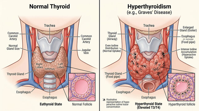 Thyroid gland comparison normal anatomy vs hyperthyroidism graves' disease