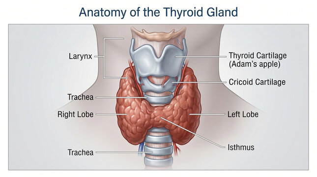 Anatomy of the human thyroid gland with labeled structures