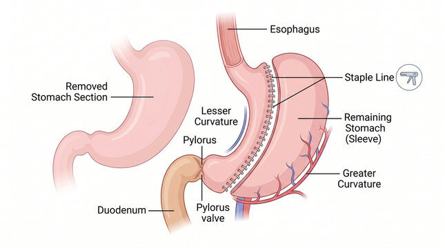 Sleeve gastrectomy procedure anatomy illustration