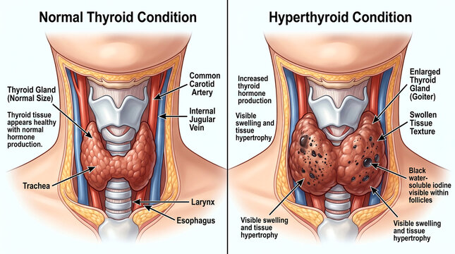 Thyroid gland comparison normal vs hyperthyroid anatomy illustration