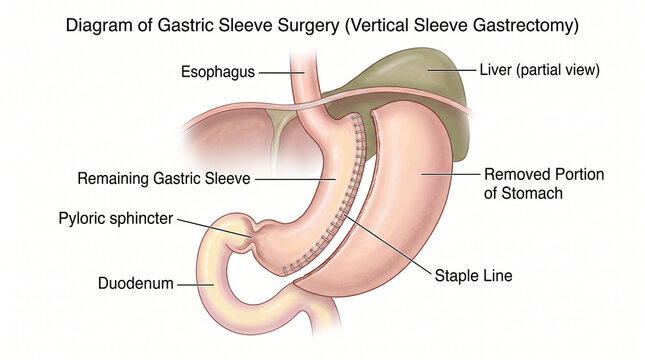 Gastric sleeve surgery diagram and vertical sleeve gastrectomy illustration
