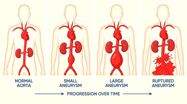 Aortic aneurysm progression stages normal small large and ruptured illustration