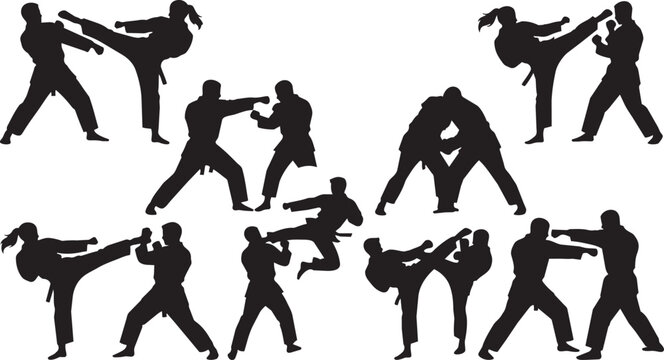 Martial arts silhouettes, kickboxing illustrations, fighting poses, combat sports icons, black vector graphics