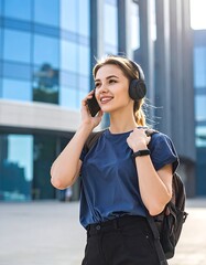 Fototapeta premium Young woman in blue shirt talking on phone outside modern building