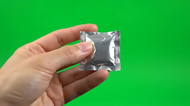 Hand Holding Small Silver Packet Against Green Screen Background.