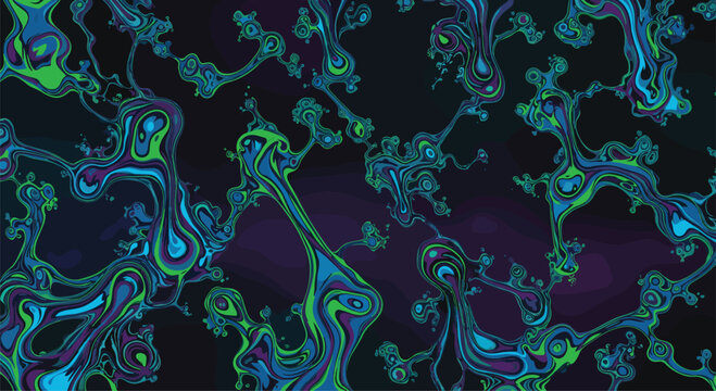 Abstract seamless pattern presents fluid, organic bioluminescent shapes in vibrant blue, green, and purple, resembling microorganisms on a dark backdrop.