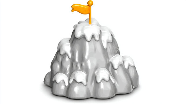 Small snow covered mountain peak with orange flag 3D icon mountain achievement