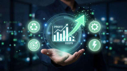 Fototapeta premium Sustainable business growth concept with profit chart and green icons. Financial success through eco-friendly strategy. Corporate ESG performance visualization.