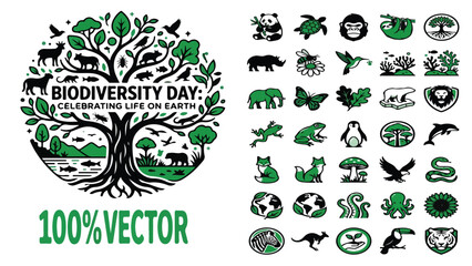 Biodiversity Day vector icon set, wildlife conservation and nature protection symbols, green environmental sustainability icons for earth day © image stock