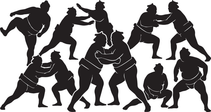 Sumo wrestlers, sumo fighting, black silhouettes, vector icons, sports illustrations
