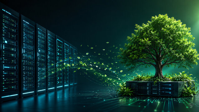 Sustainable green technology concept with server racks merging with growing tree, eco-friendly data centre and green computing sustainability abstract

