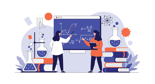Science students analyze complex mathematical equations and chemical formulas on computer screen in laboratory classroom.
