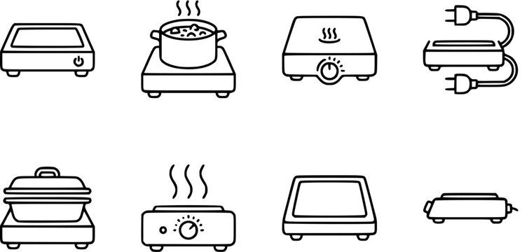 Black and White Line Art Icons of Portable Heating Kitchen Appliances: Induction Cooktops, Hot Plates, and Food Warmers for Culinary Use.