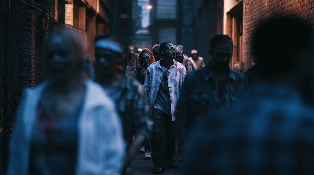 A horde of zombies walking down a dark, narrow alleyway at dusk. Their tattered clothes and vacant stares create a chilling atmosphere