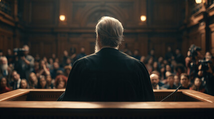 Obraz premium Judge in courtroom delivers justice to court with authority and respect in formal legal setting filled with people