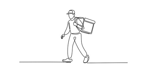 Delivery person walking with a thermal bag, single line art © Badhon_Designer