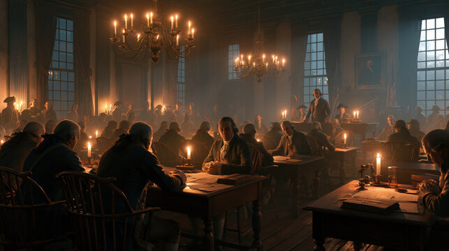Historic court justice scene with men period clothing gathered around candlelit wooden tables dimly lit room with chandeliers