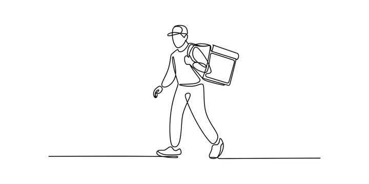 Delivery person walking with a thermal bag, single line art