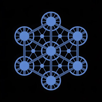 Blue metatrons cube sacred geometry symbol featuring circular nodes and interconnected linear star lines on a black background