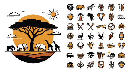 African safari icon set with 42 vector elements, wild animal silhouettes and savanna landscape, tribal culture and travel symbols for tourism © image stock