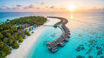 Fototapeta premium Luxury Tropical Island Resort with Overwater Villas at Sunrise