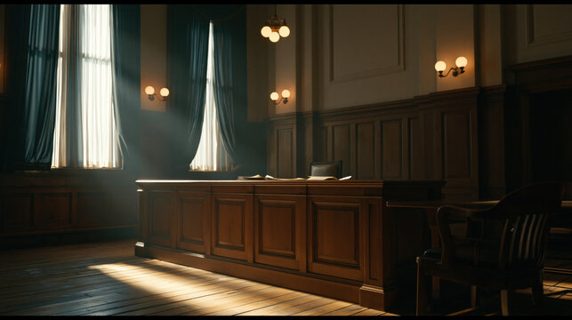 Courtroom justice wooden desk sunlight through window classic interior law room