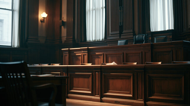 Empty courtroom with wooden furniture and soft light creating calm atmosphere of justice and court proceedings