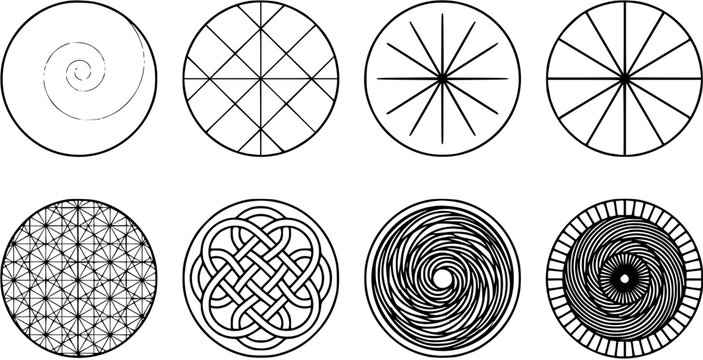 Geometric patterns and abstract circle designs, black and white line art, vector graphics