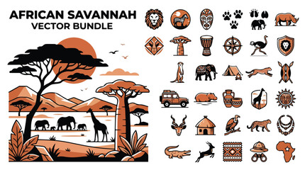 African Savannah vector bundle, safari wildlife icons and landscape illustration set, orange and black tribal nature graphics for travel design © image stock