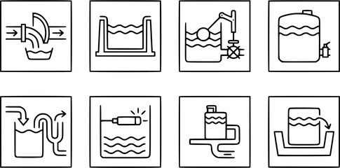Fototapeta premium Water level control, flow, tank, and pump icons set, black and white line art