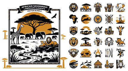African Savannah landscape elements vector bundle, safari wildlife icons and nature symbols, tribal culture and animal silhouettes set © image stock