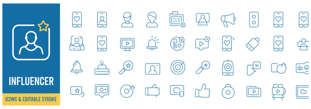 Set of social media influencer line icons with editable stroke for digital marketing