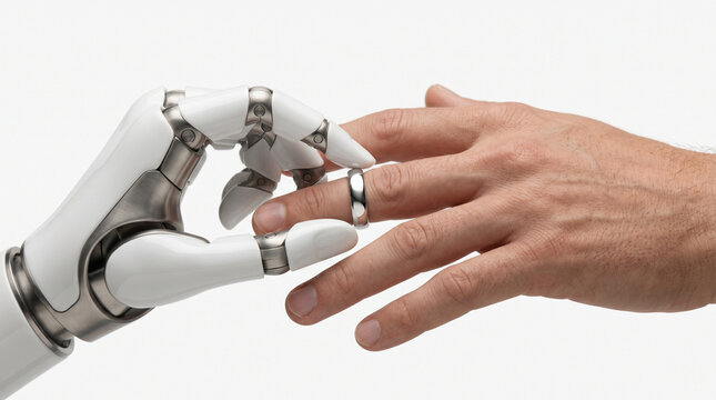 Ringtausch Bionik Biomechanisch Hochzeit Trauung Bionisch. Bionische Hightech-Hand steckt Ehering an eine menschliche Hand, minimalistischer wei&szlig;er Hintergrund