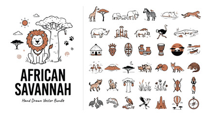 African Savannah hand drawn vector bundle, safari animal icons and tribal culture elements, wildlife nature collection for travel and education © image stock