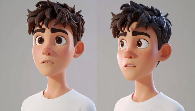3D cartoon boy character with concerned facial expression.