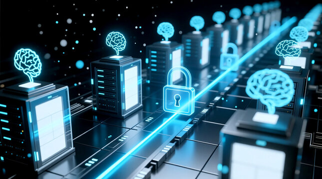 Isometric 3D network of server modules AI brains and digital padlocks, illustrating robust zero trust cybersecurity principles for autonomous governance